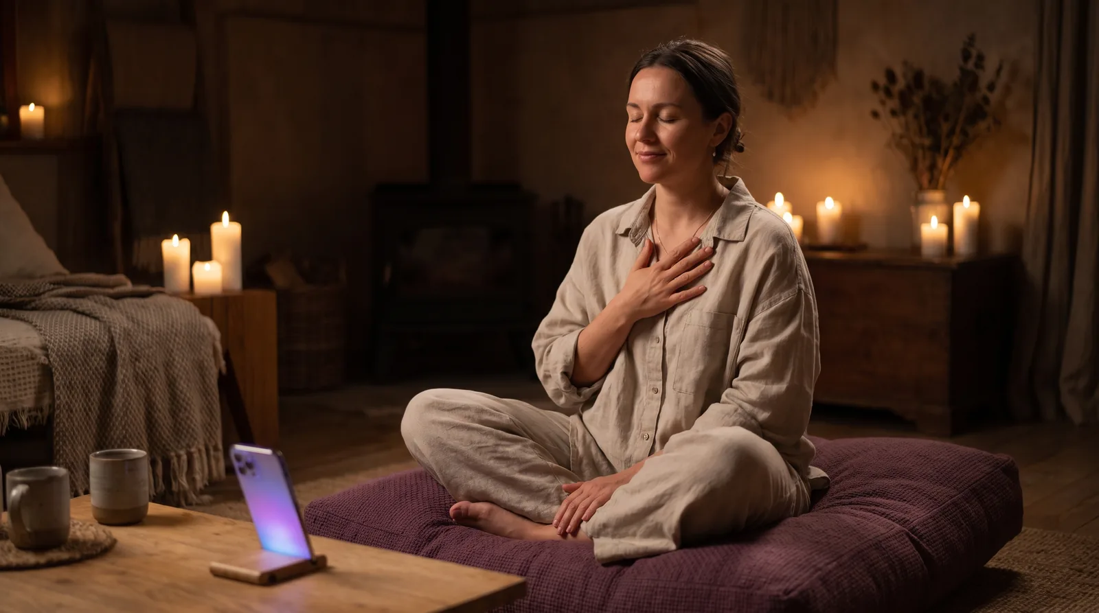 A woman practicing slow breathing in a candle-lit room, phone glowing softly in front of her.