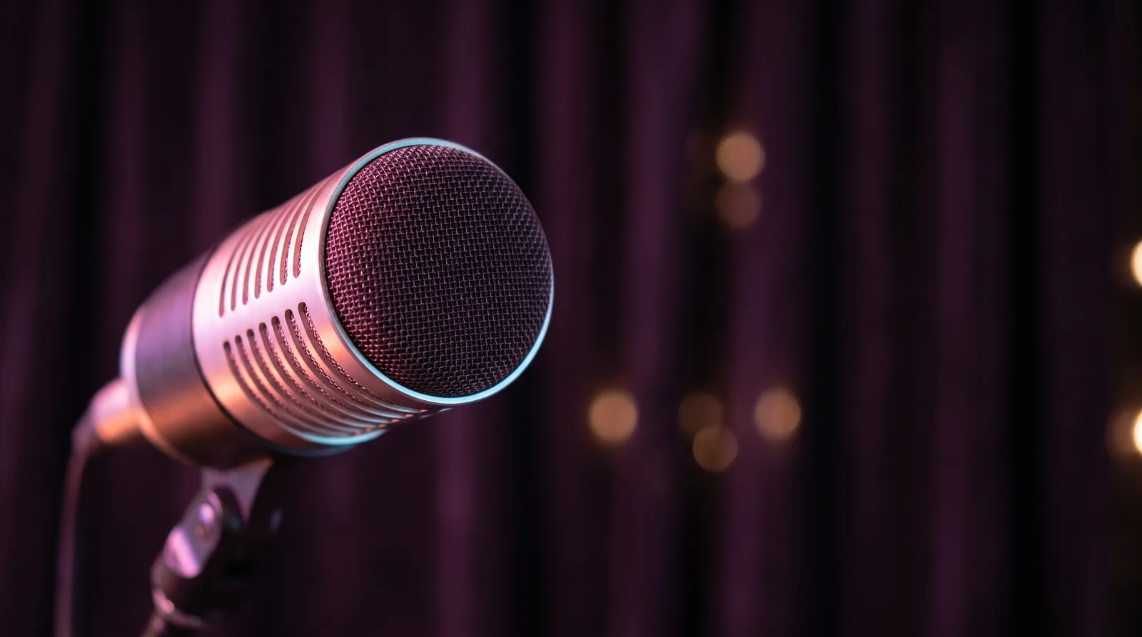 A studio microphone glowing in soft rose and lavender light against a near-black aubergine background.