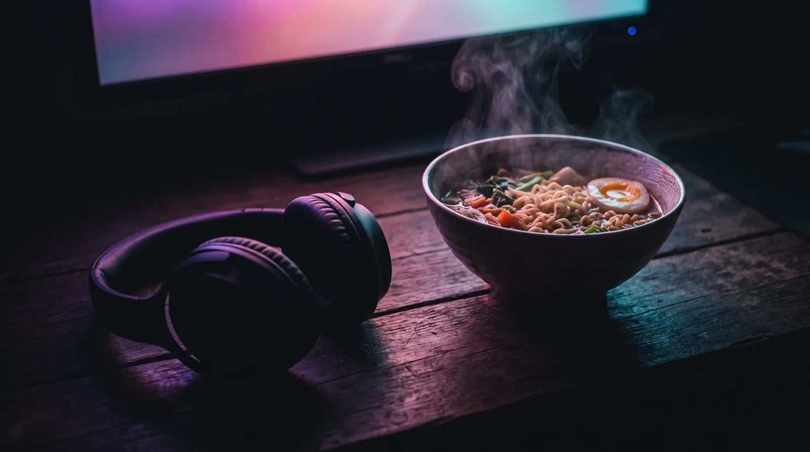Headphones beside a steaming bowl of ramen on a dark desk lit by soft screen glow.
