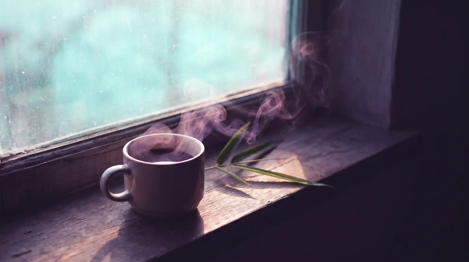 A steaming cup of tea on a windowsill at dawn, steam curling in lavender light against a deep aubergine room, soft aqua morning glow through the glass.