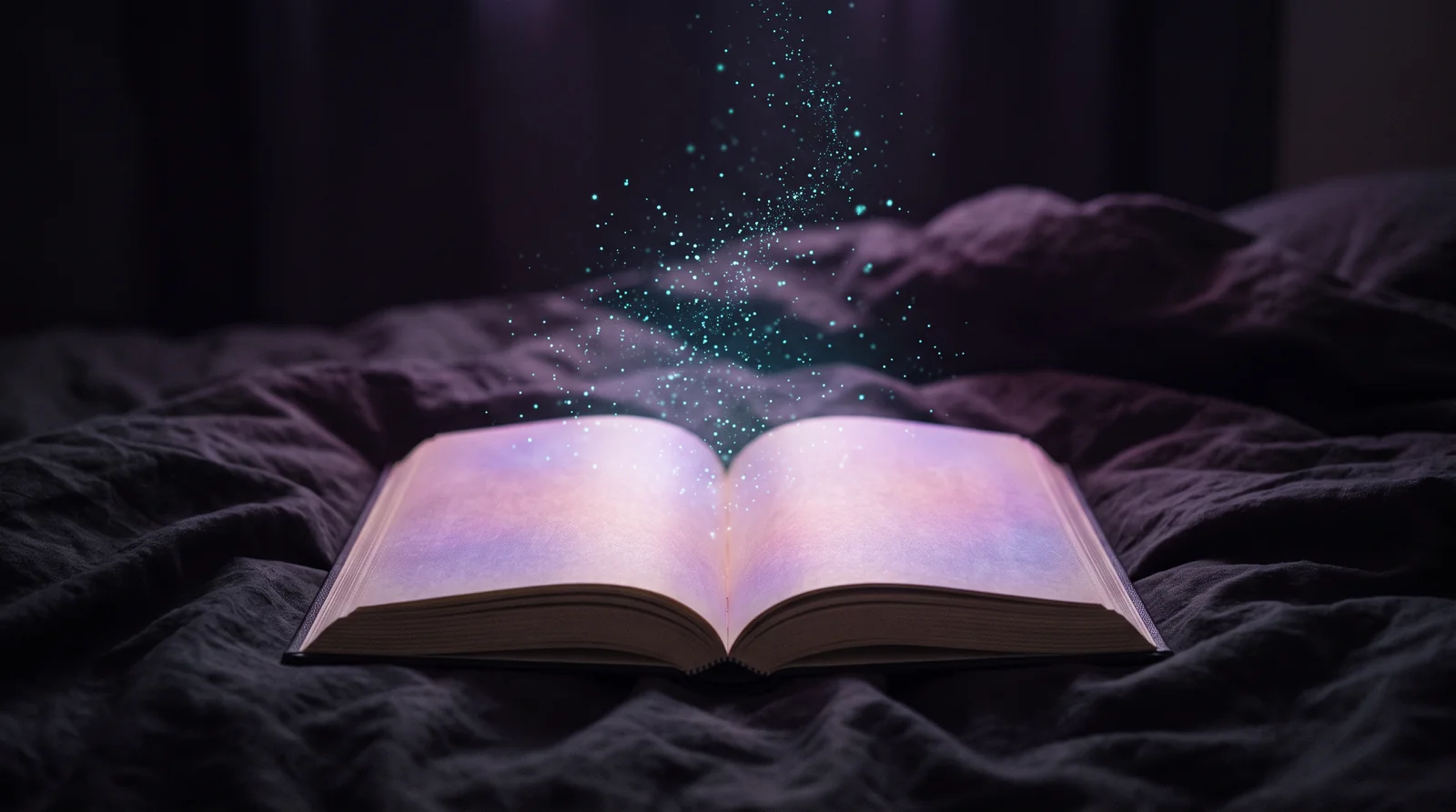 An open book on dark bedding at night, its pages glowing lavender and rose as tiny aqua motes drift upward into the darkness.