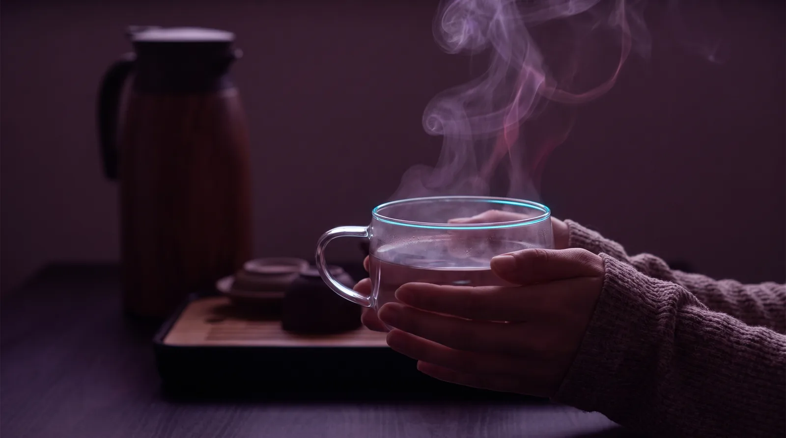 Hands cupping a glass of steaming hot water, ribbons of steam rising through soft rose light.
