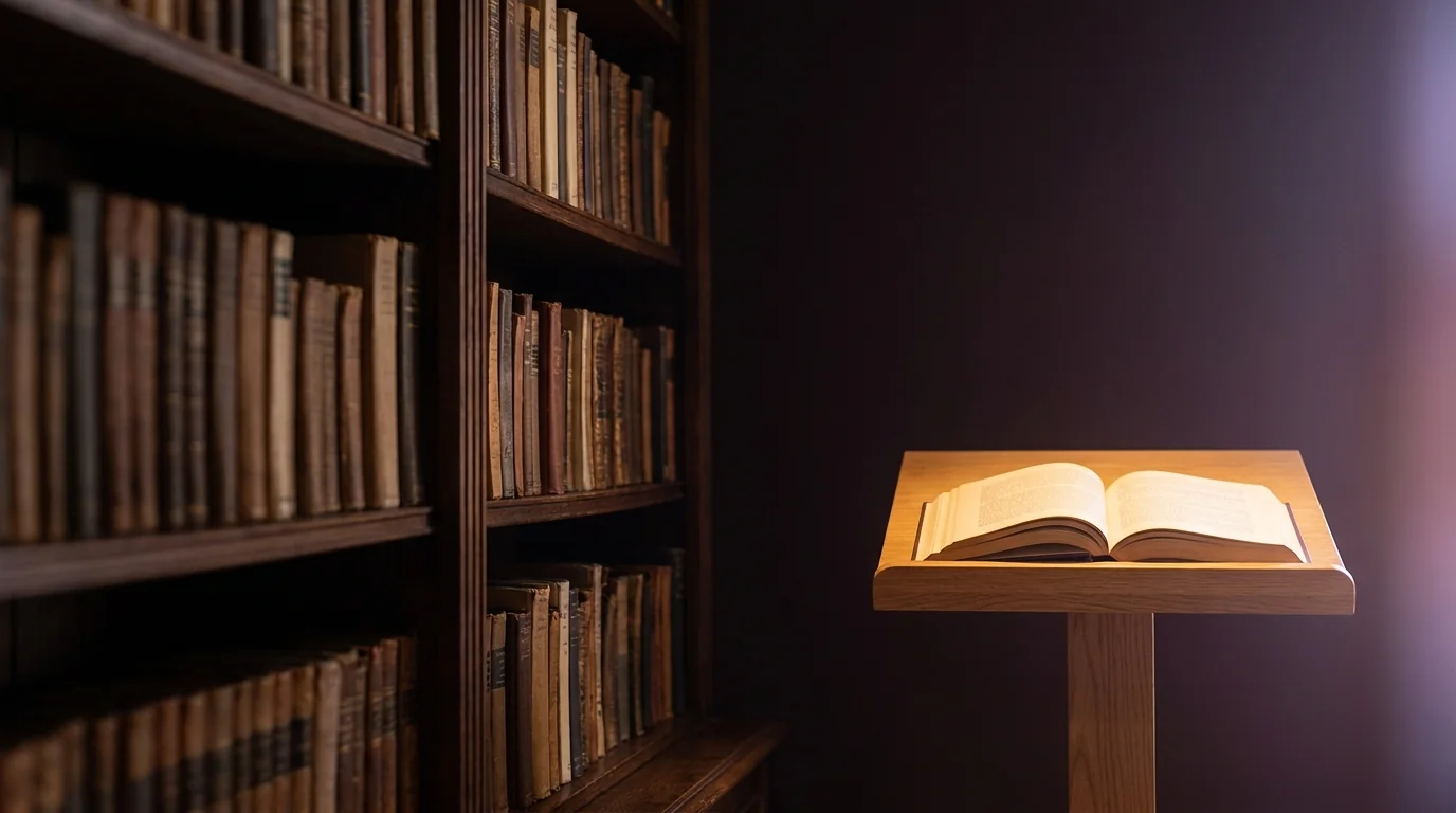 A crowded bookshelf beside a single book on a lit stand