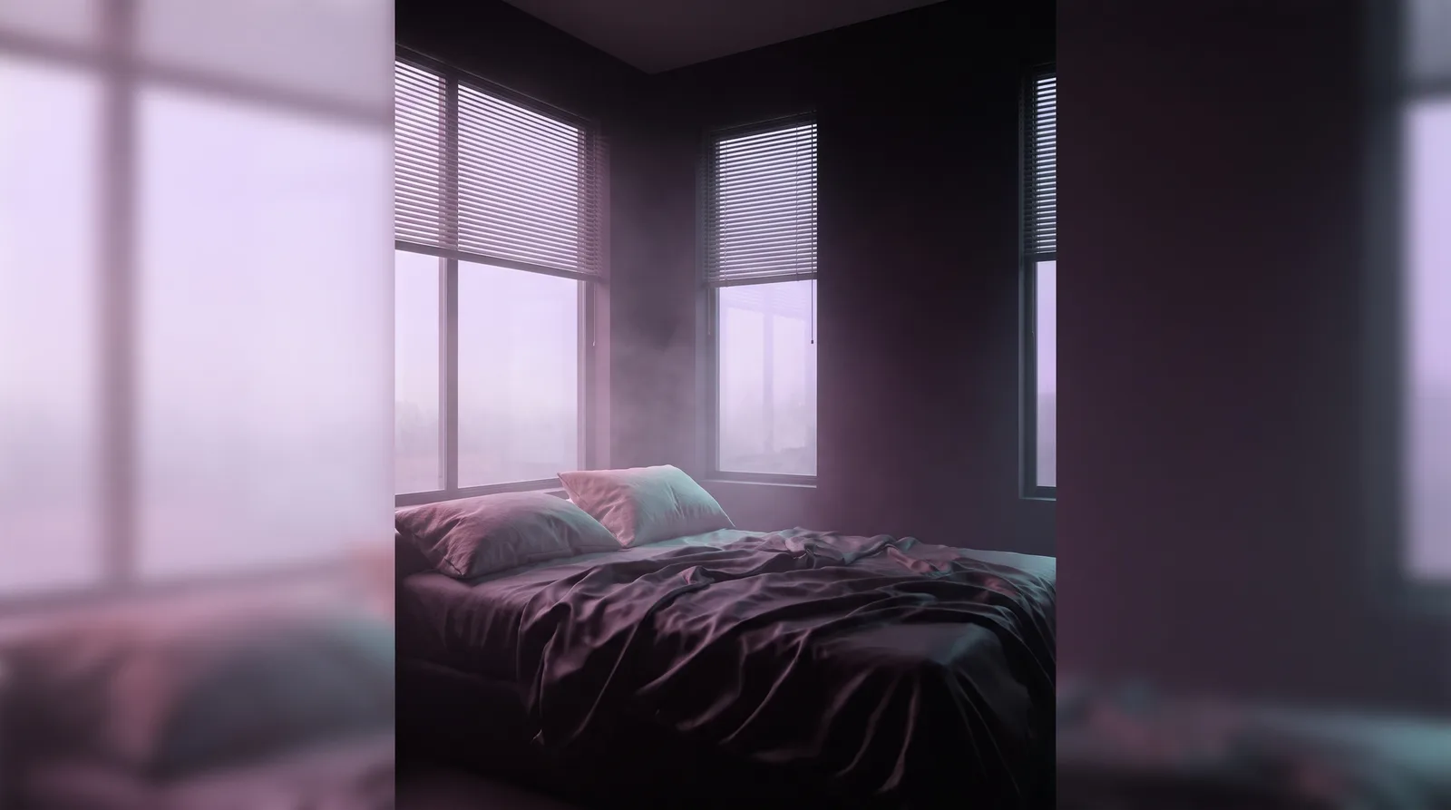 Rumpled dark bedding in soft lavender dawn light seeping through half-open blinds.