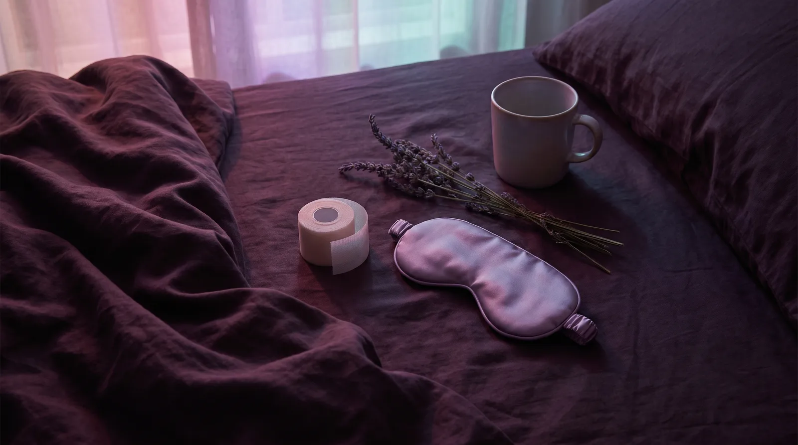 A roll of pale tape and a sleep mask on deep aubergine bedsheets in dim moonlight.