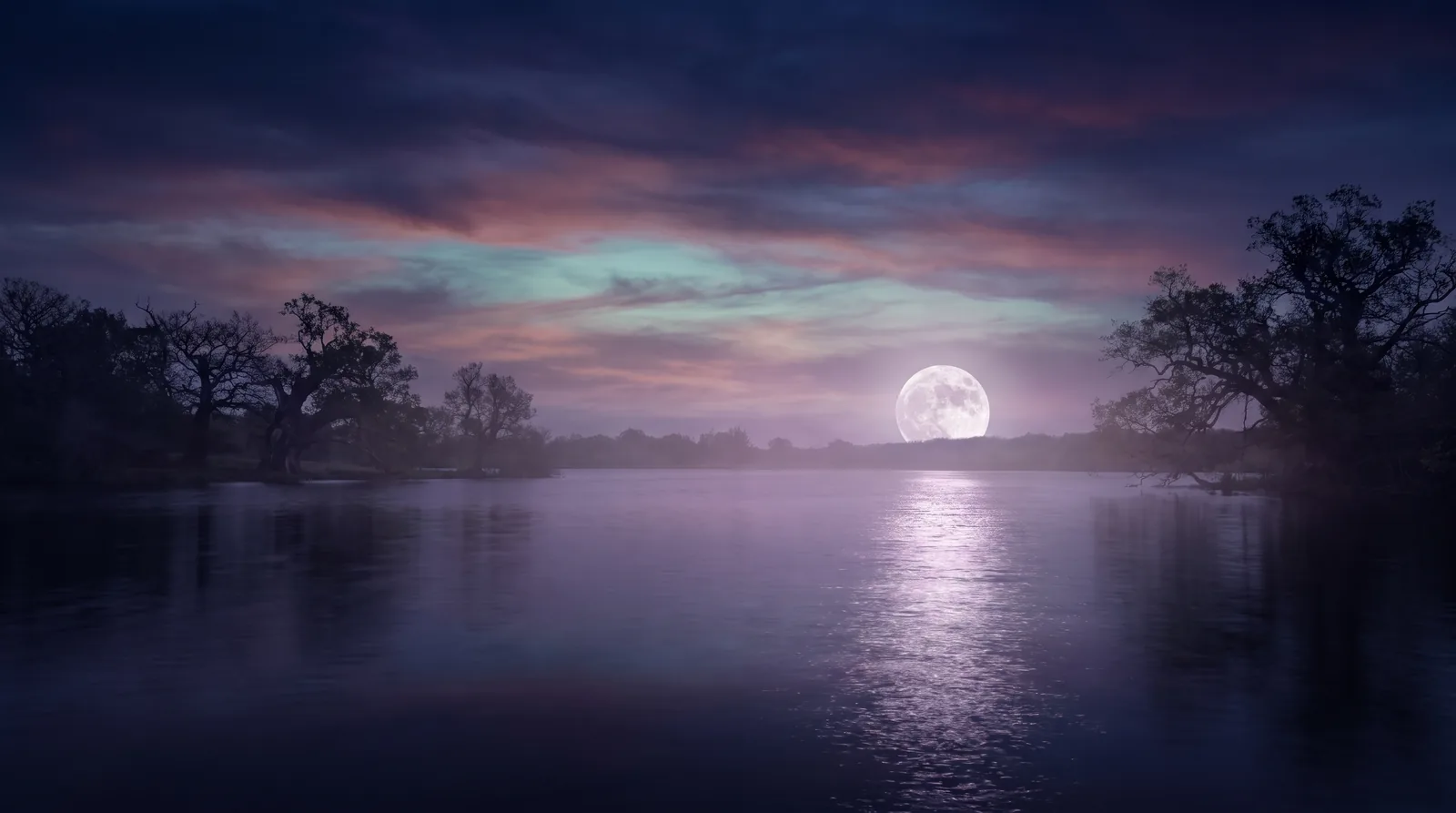 A luminous full moon over a still dark lake, a lavender path of moonlight on the water beneath a deep aubergine night sky.
