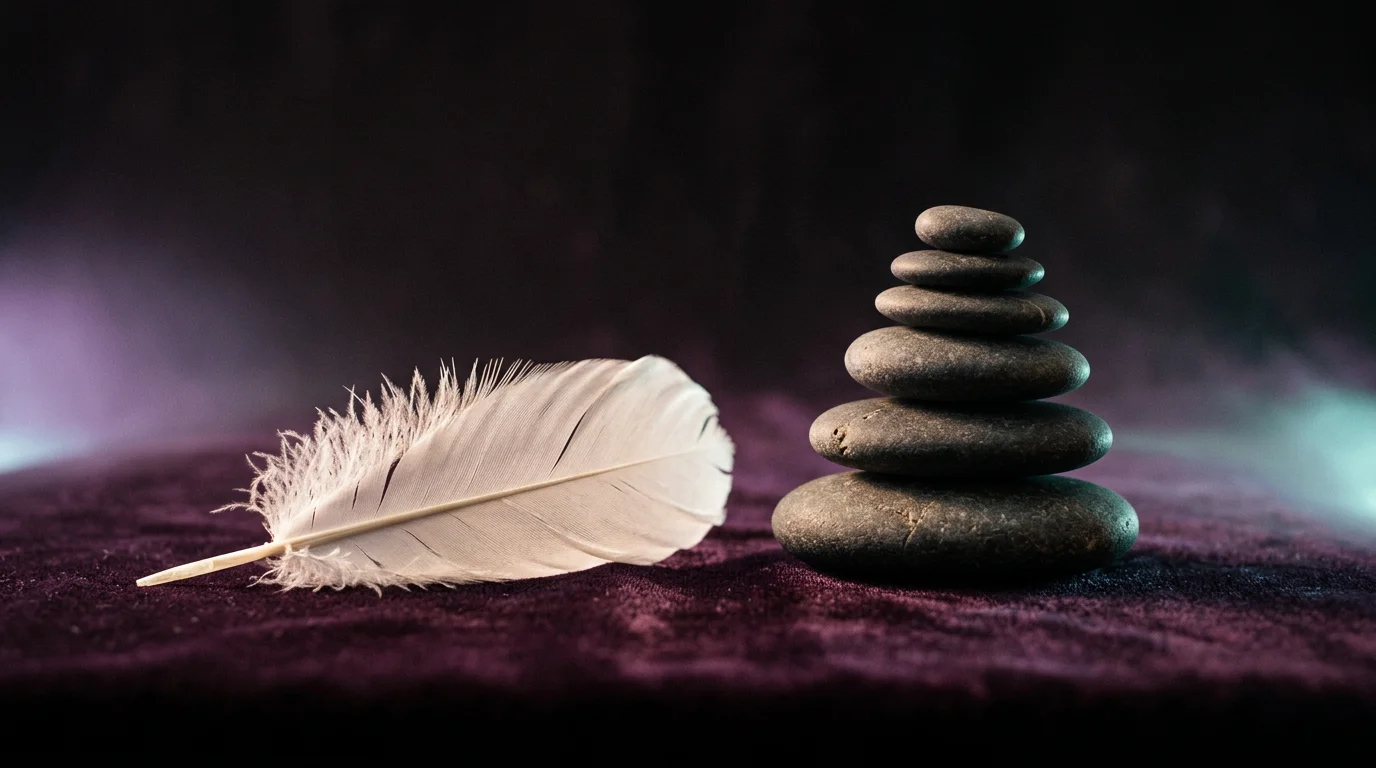 A white feather beside a stack of smooth zen stones