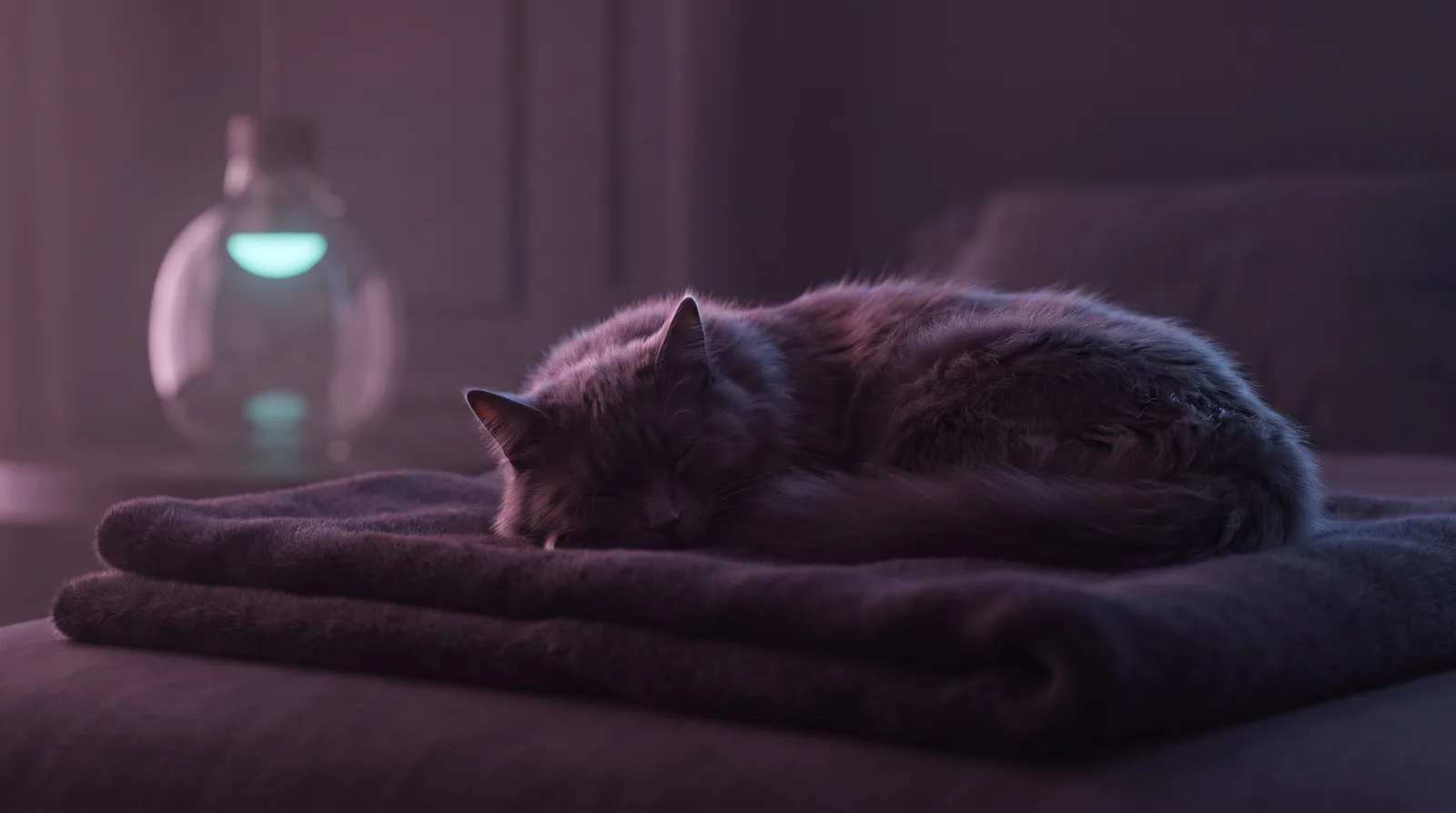 A cat curled asleep on a dark blanket, its fur traced with soft lavender rim light.