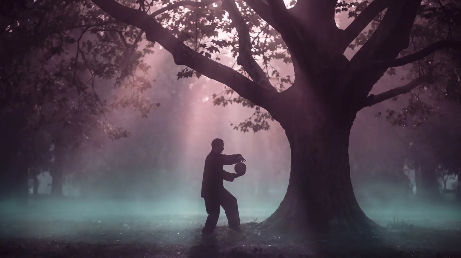 A lone figure standing beneath a great tree in dawn mist, arms curved as if holding an unseen sphere, rose and lavender light over deep aubergine park shadows.