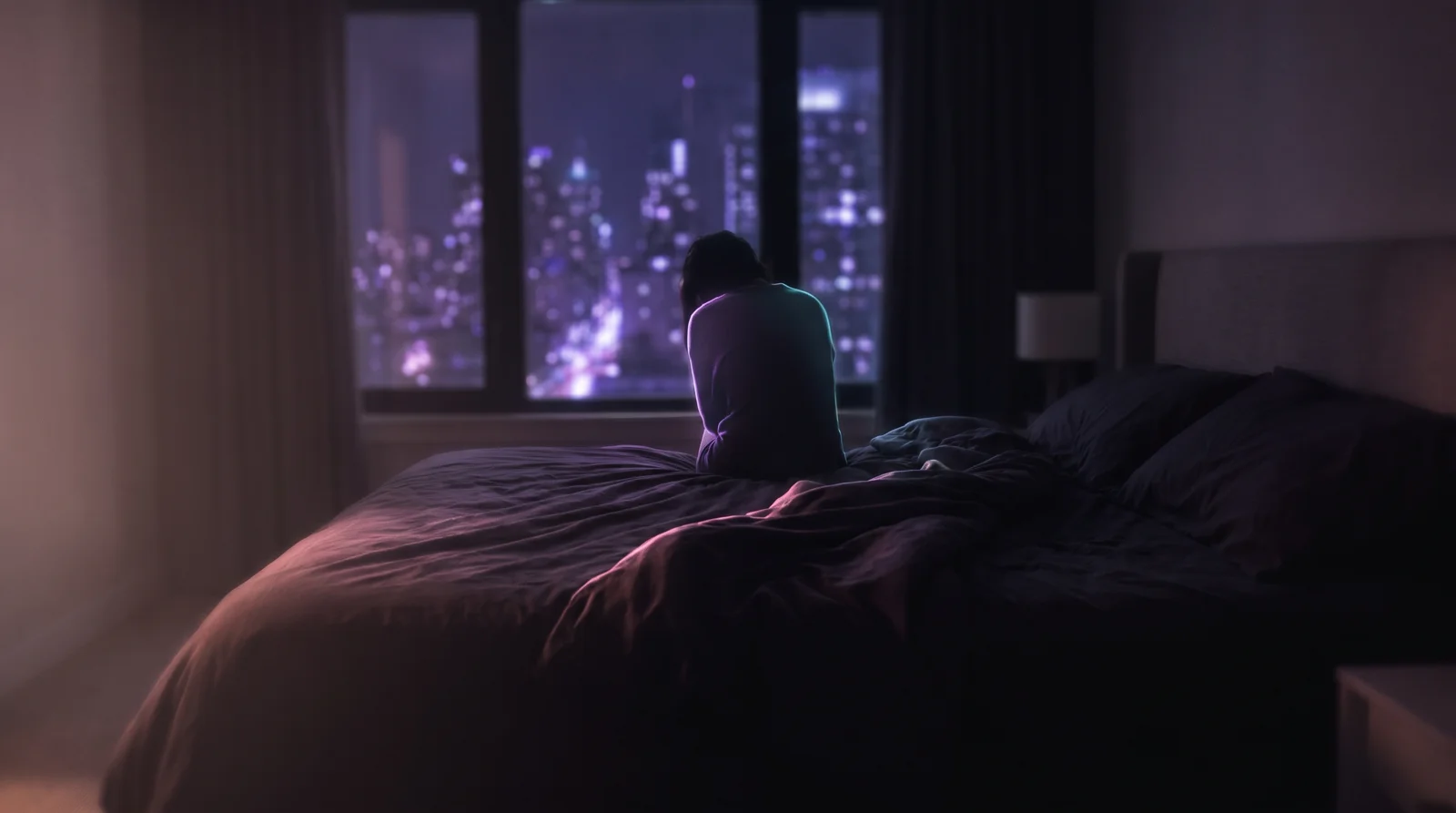 A person sitting up awake on the edge of a bed at night, lit by soft lavender and aqua glow.