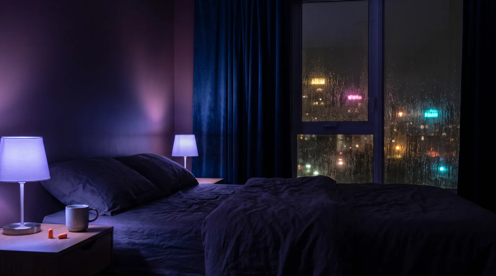 A dark bedroom at night with rumpled linen in lavender glow, a rain-speckled window of blurred city lights, and foam earplugs on the nightstand in deep aubergine shadow.