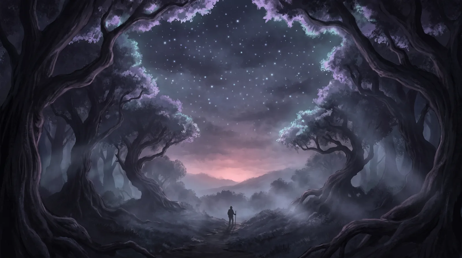 A tiny walking figure on a path beneath immense trees and a star-filled sky glowing lavender and aqua over deep aubergine.