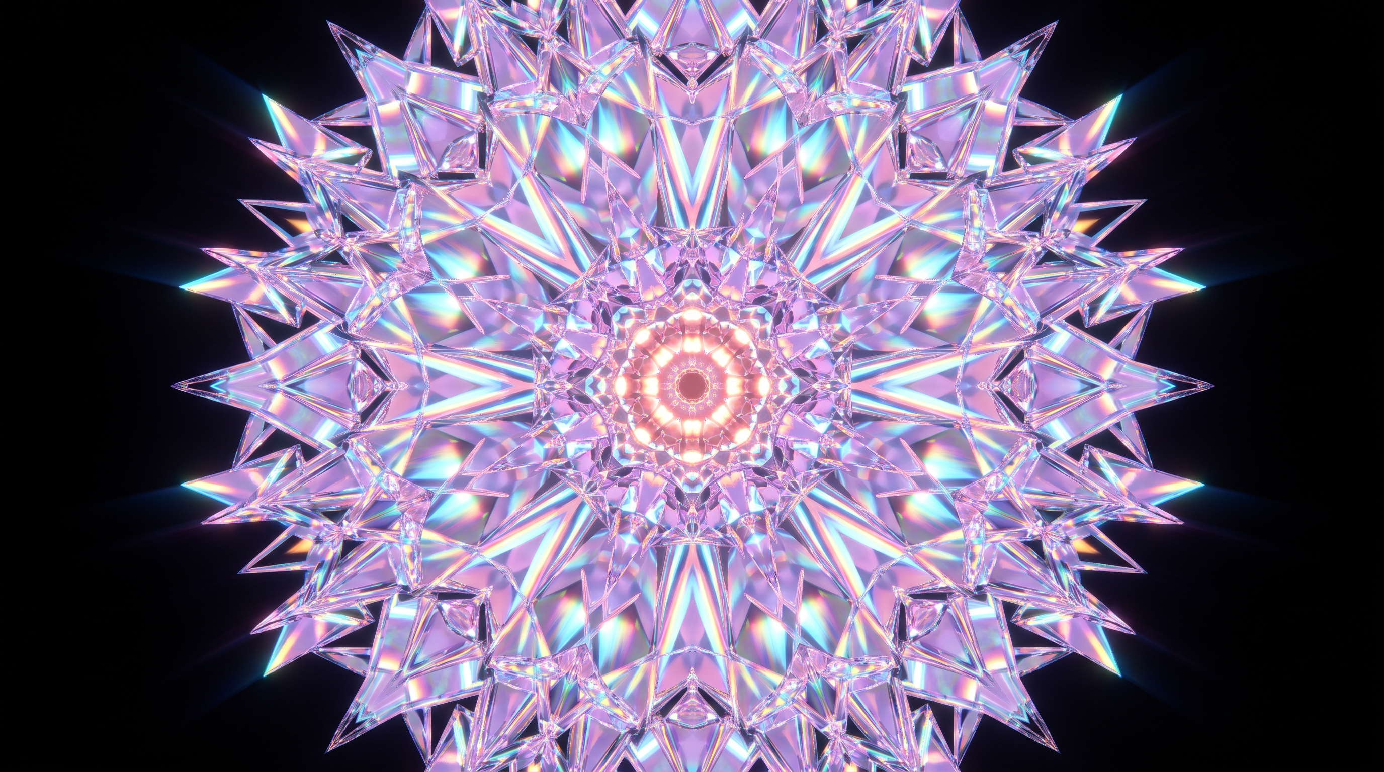 A slow, symmetrical kaleidoscope pattern reminiscent of mandala visual meditation.