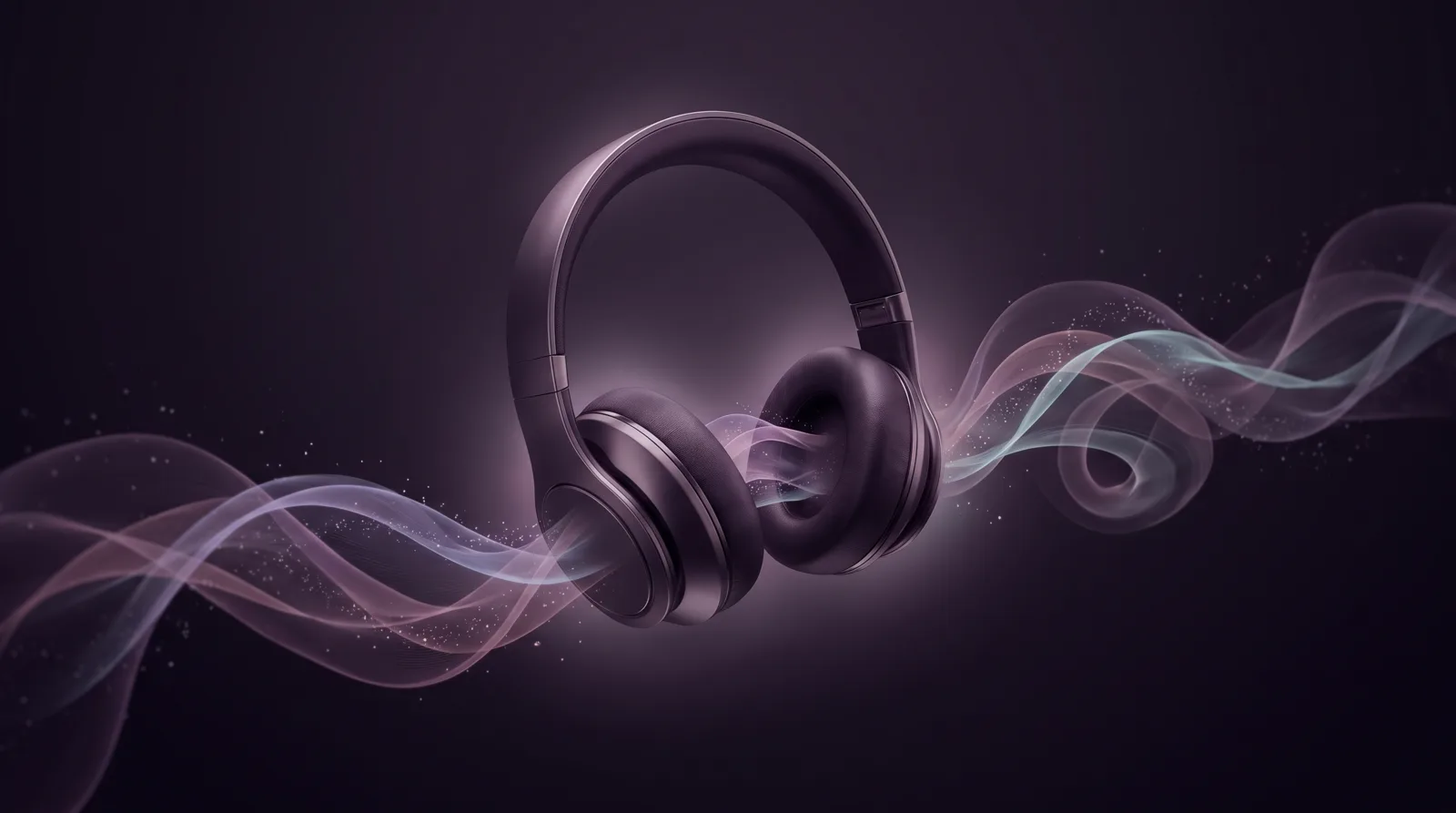Premium over-ear headphones in deep aubergine darkness with ribbons of lavender, rose and aqua sound curling from each earcup.