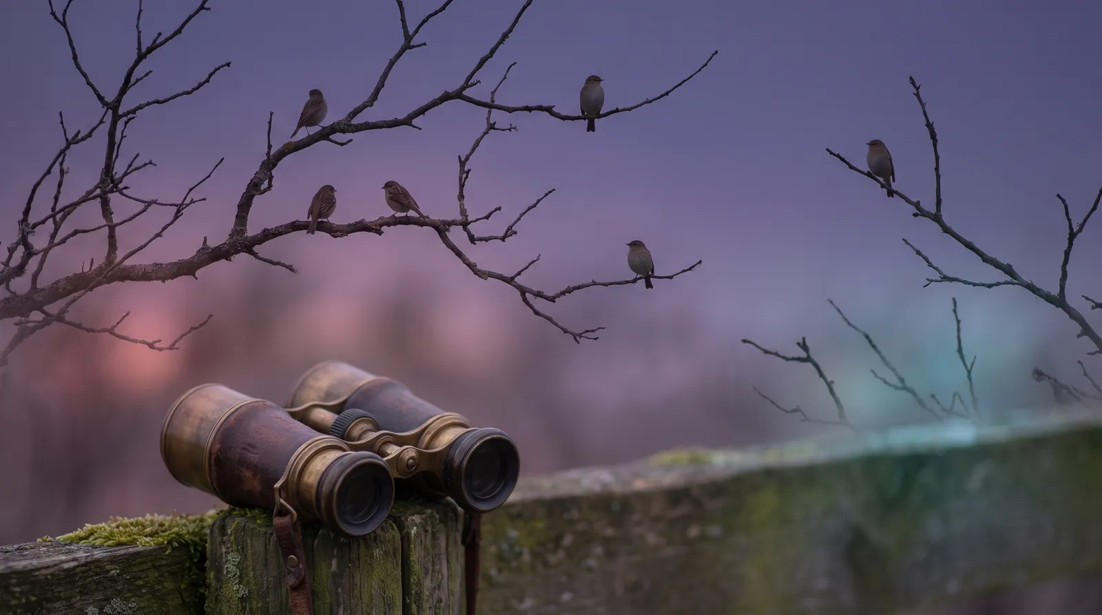 Small songbirds silhouetted on bare branches against a dusk sky of deep aubergine and lavender, binoculars resting on a mossy post in the soft rose and aqua foreground light.