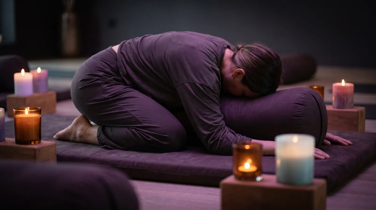 A woman resting in a supported yin yoga pose on a mat in a candlelit studio, deep aubergine tones with lavender and rose glow on the fabric.