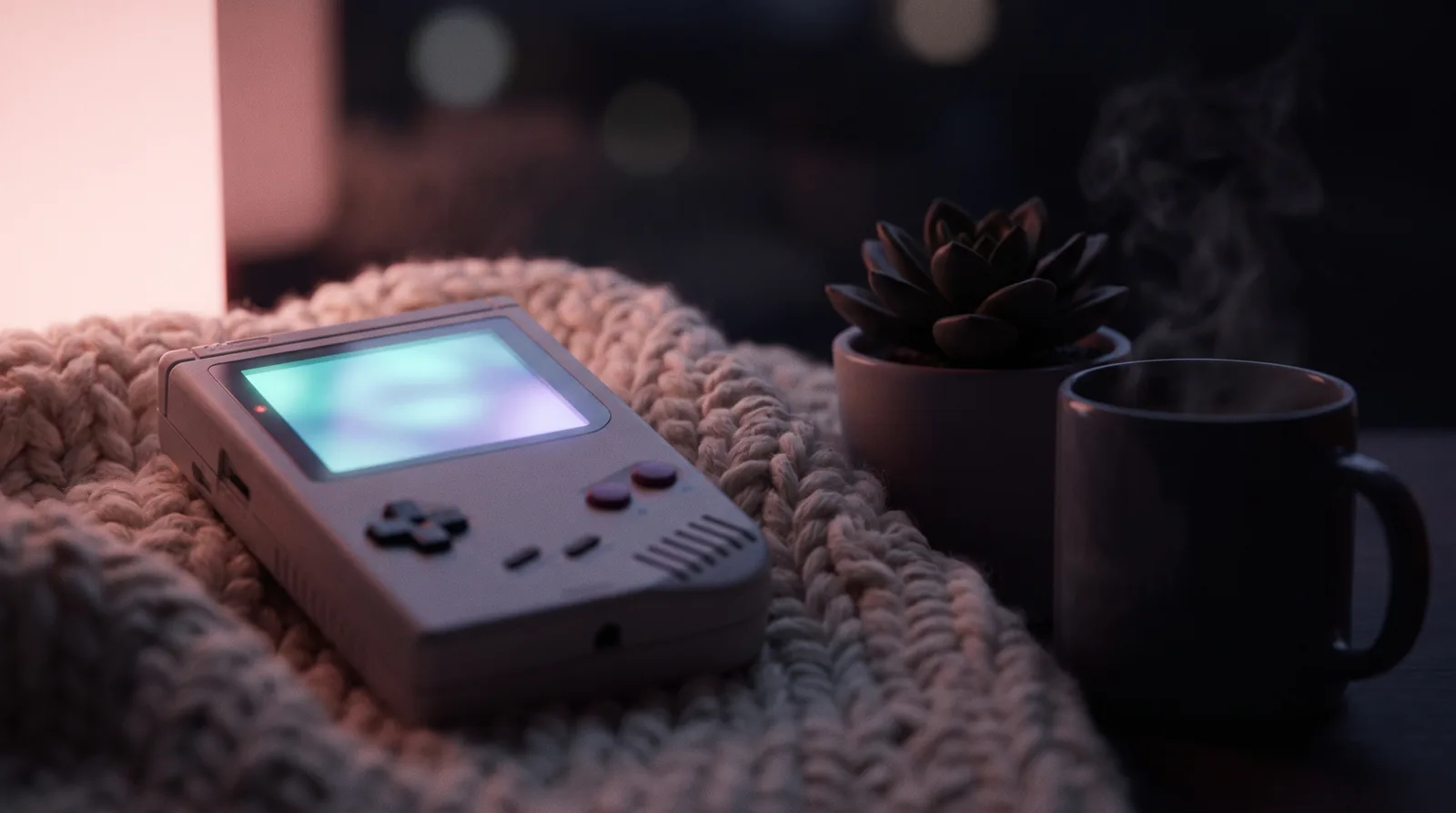A handheld console glowing aqua and lavender on a knitted blanket at night, plant and mug in soft aubergine shadow.