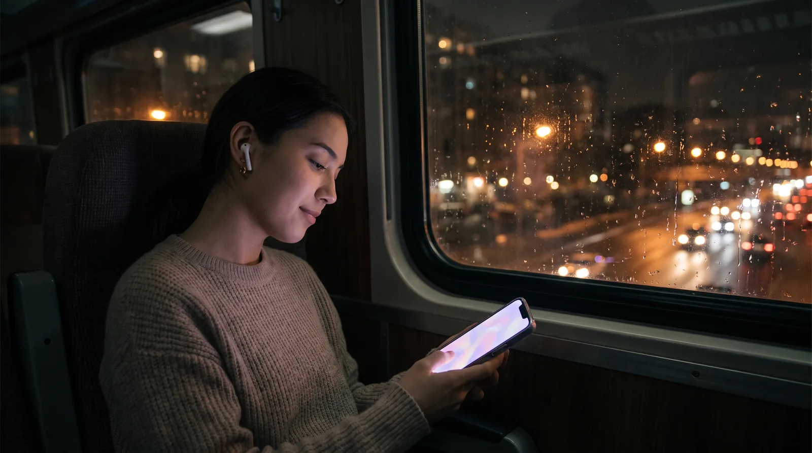 A commuter on a night train finding a quiet moment with a softly glowing phone.