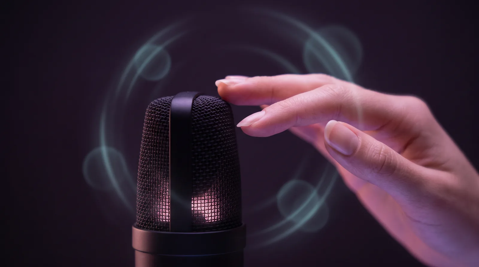 Fingertips tapping near a glowing microphone in darkness, traced in lavender and rose with soft aqua rings of sound.