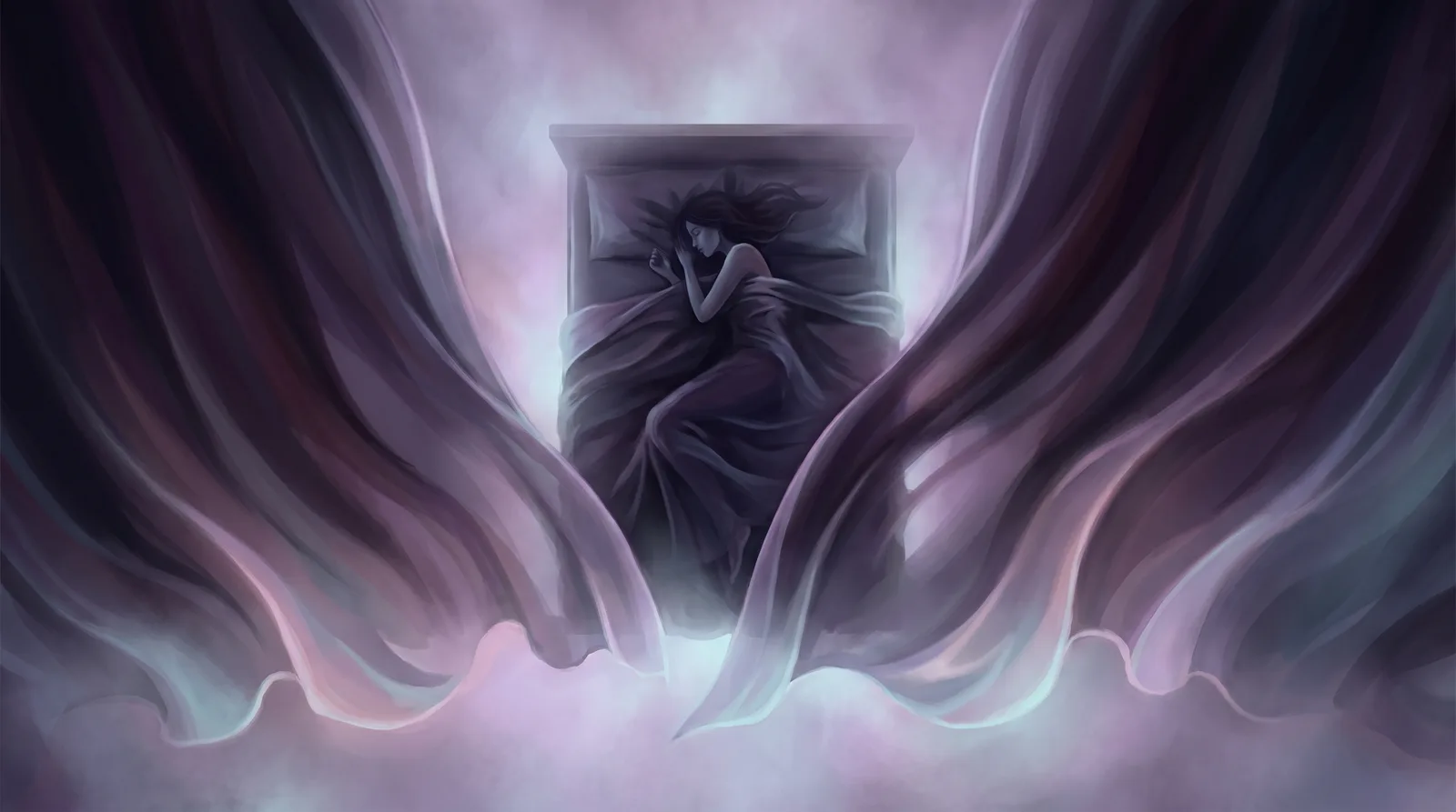 A sleeping figure beneath slow layered waves of lavender, rose and aqua light against deep aubergine darkness, evoking deep slow-wave sleep.