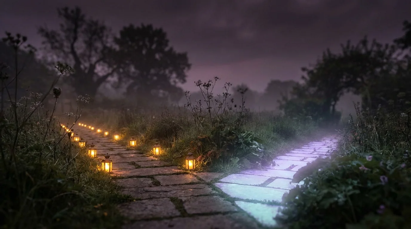 A forked garden path at night, one branch lit by lanterns