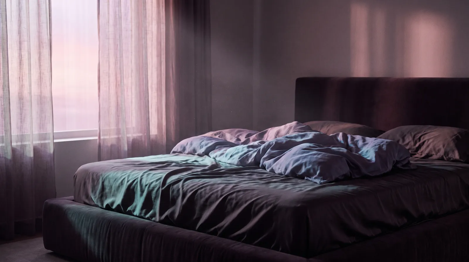 Dim bedroom at first light with dawn glow seeping through gauzy curtains onto rumpled sheets.