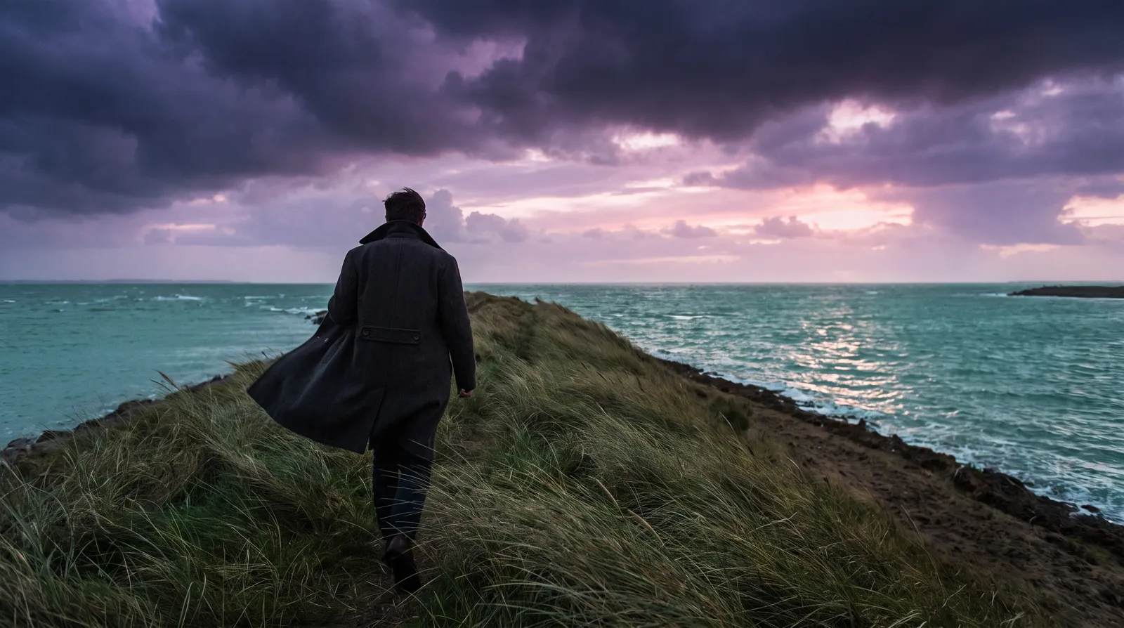 A lone figure in a long coat walking a windswept dike path by the sea, grass blown sideways under a deep aubergine storm sky breaking into lavender and rose light over aqua water.