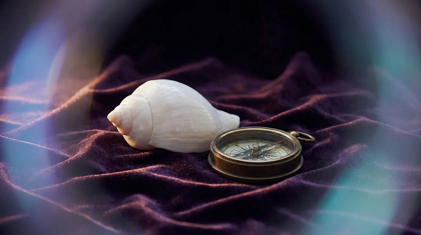 A seashell and a brass compass side by side on dark velvet