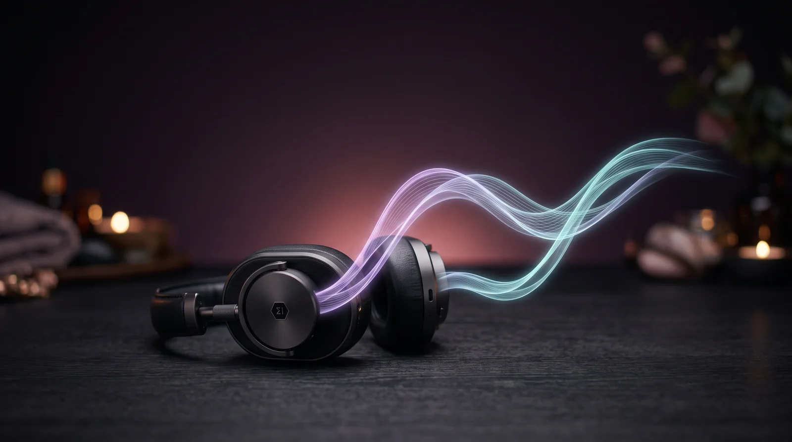 Over-ear headphones on a dark surface with lavender and aqua sound waves flowing from each earcup and interweaving, on a deep aubergine background.
