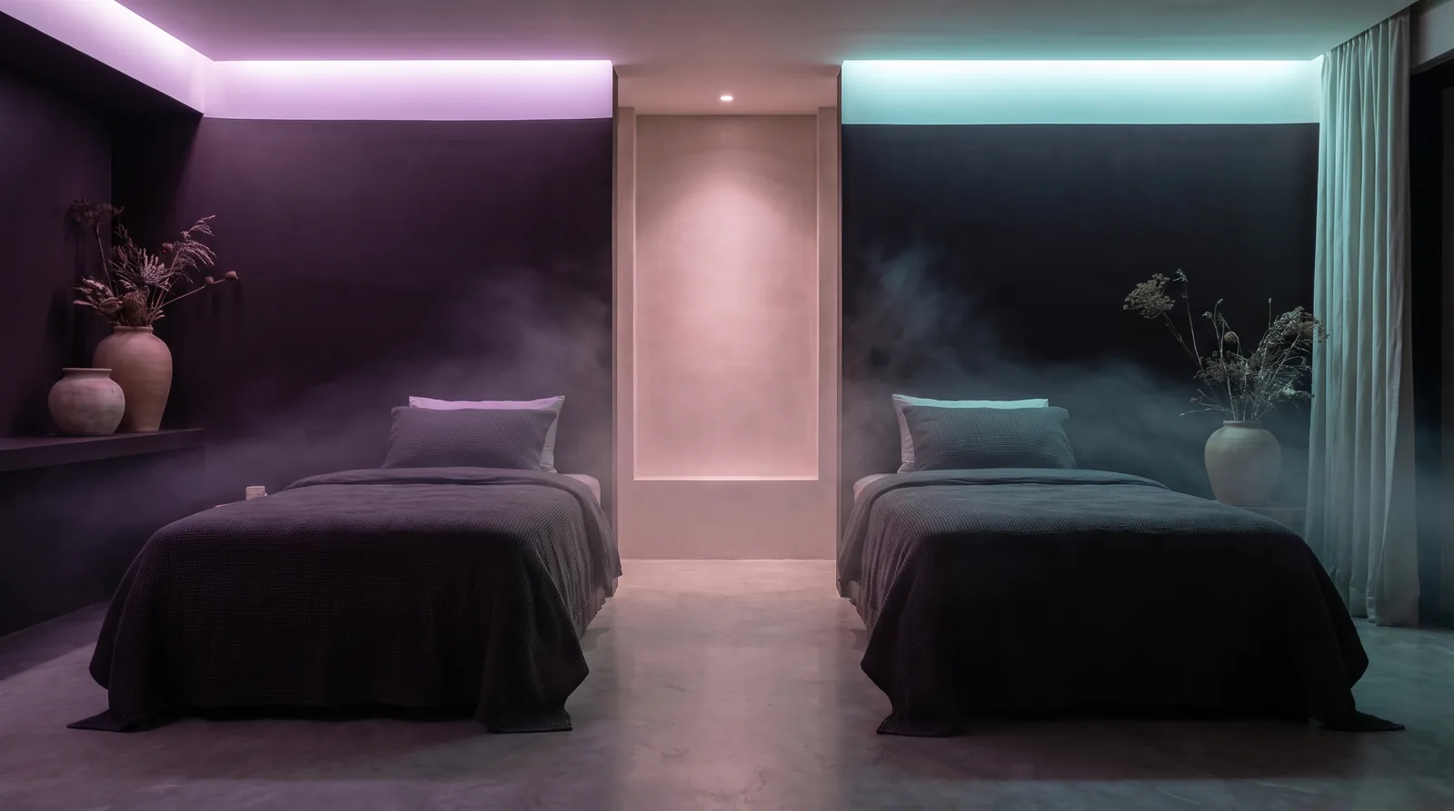 Two separate single beds with a calm gap between them in a dim aubergine bedroom, one washed in soft lavender light and the other in soft aqua light.