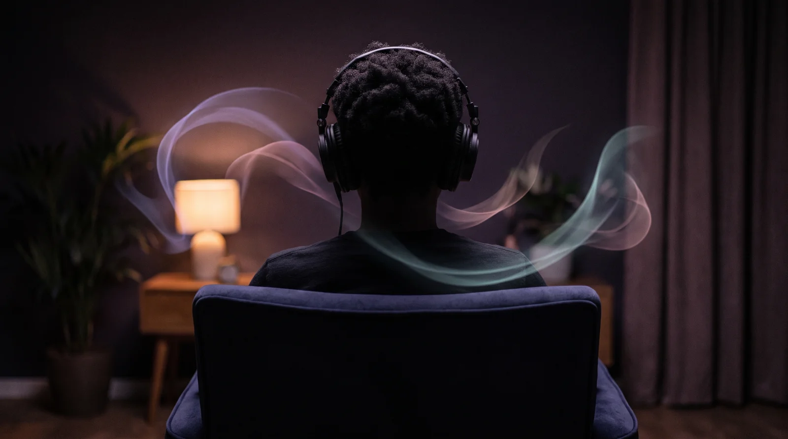 A listener in headphones in a dark room, calm but unmoved, surrounded by faint lavender and aqua ripples of sound.