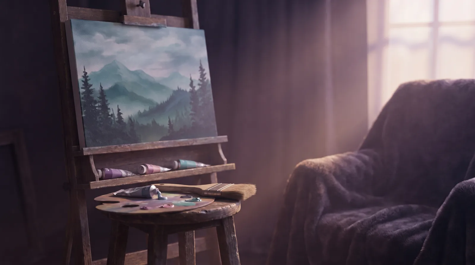 A painter's easel holding a half-finished canvas of misty mountains, with brush and palette glowing softly in lavender and aqua light.