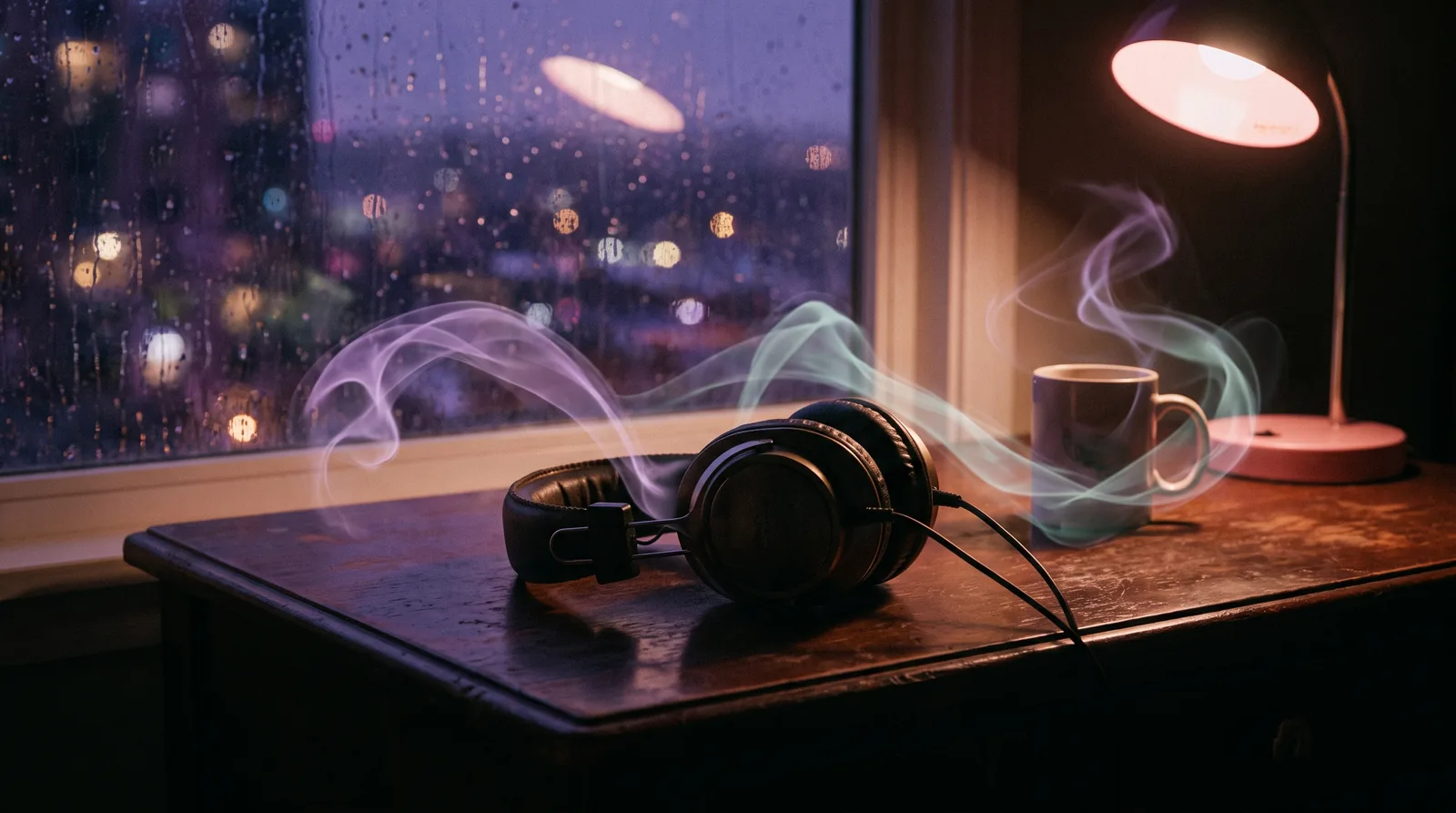 Vintage headphones resting on a dark desk beside a window at night, wrapped in soft ribbons of lavender and aqua light like drifting music.