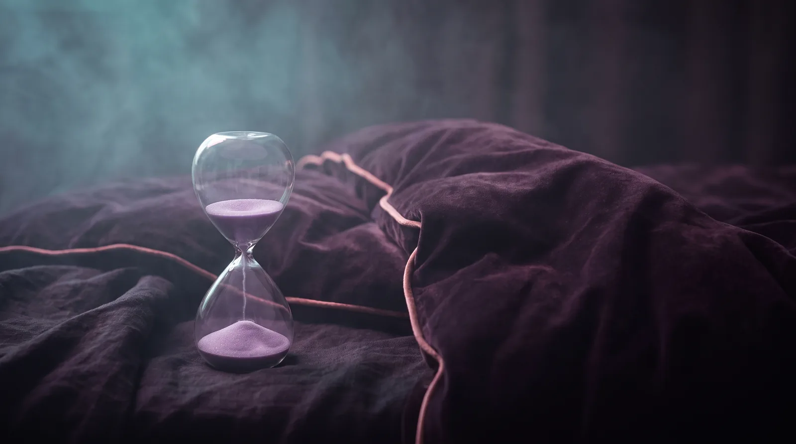 An hourglass with softly glowing lavender sand standing on rumpled dark bedding, rose light tracing the folds of the duvet in a near-black bedroom.