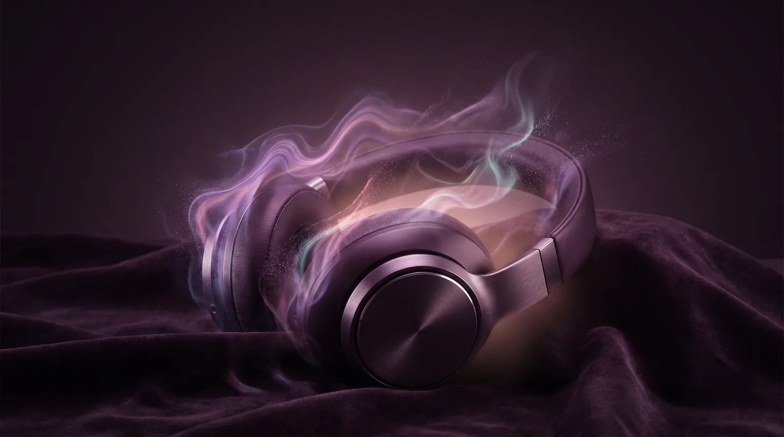 Over-ear headphones resting on dark velvet as luminous lavender and rose ripples dissolve into faint particles around the earcups, like sound fading out.