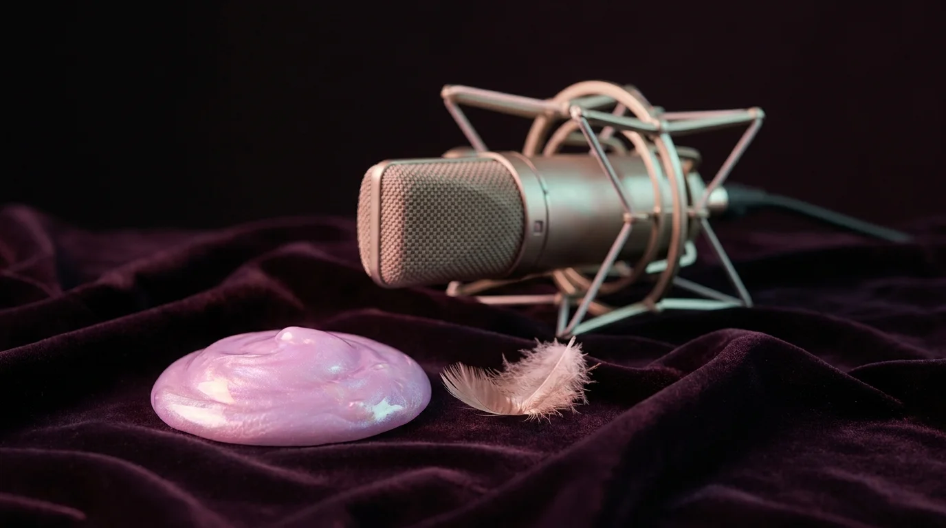 A studio microphone beside iridescent slime and a feather
