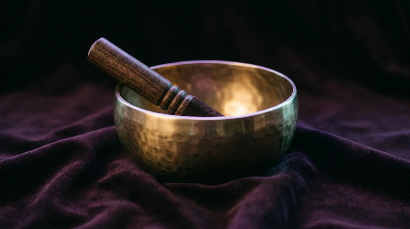 A brass singing bowl with a wooden striker on dark velvet