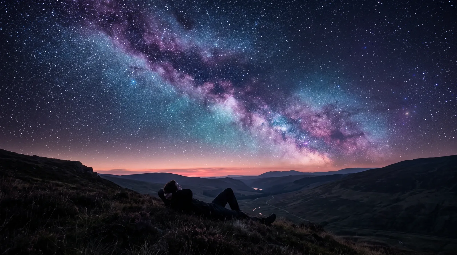 A lone figure lying on a dark hillside beneath an immense starry sky, the milky way glowing in lavender and aqua over an aubergine night.