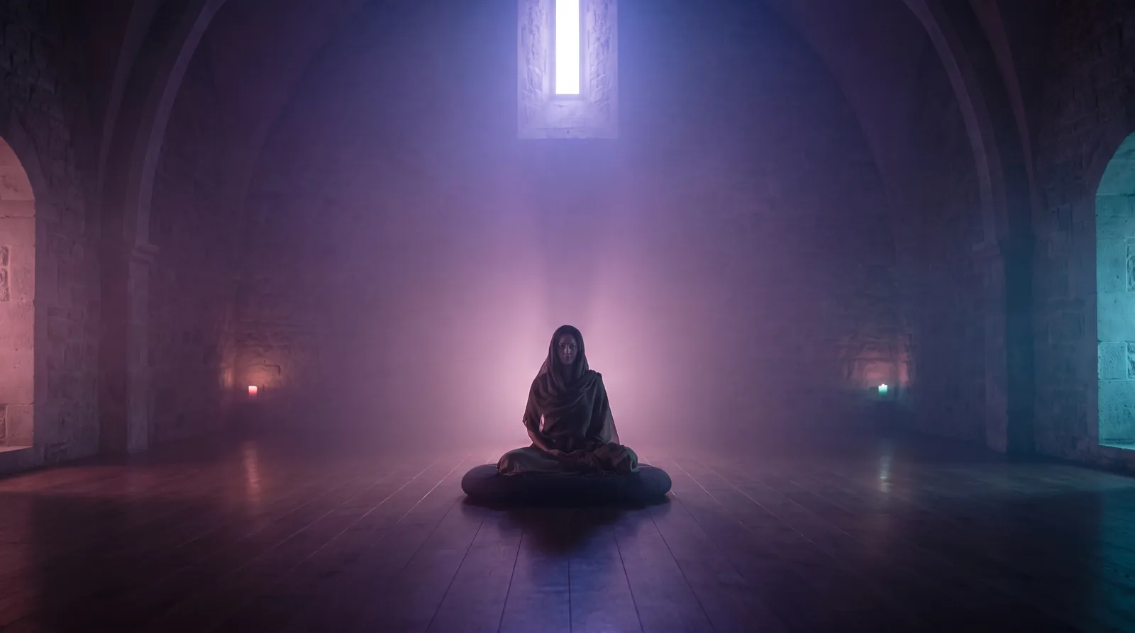 A solitary meditator seated in soft lavender light, eyes closed, in a dim room the colour of deep aubergine.