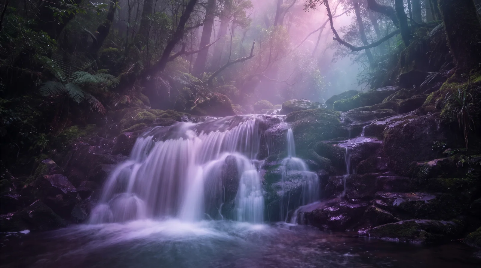 A silken waterfall falling over dark wet stone in a misty forest, deep aubergine tones with lavender and aqua light in the spray.