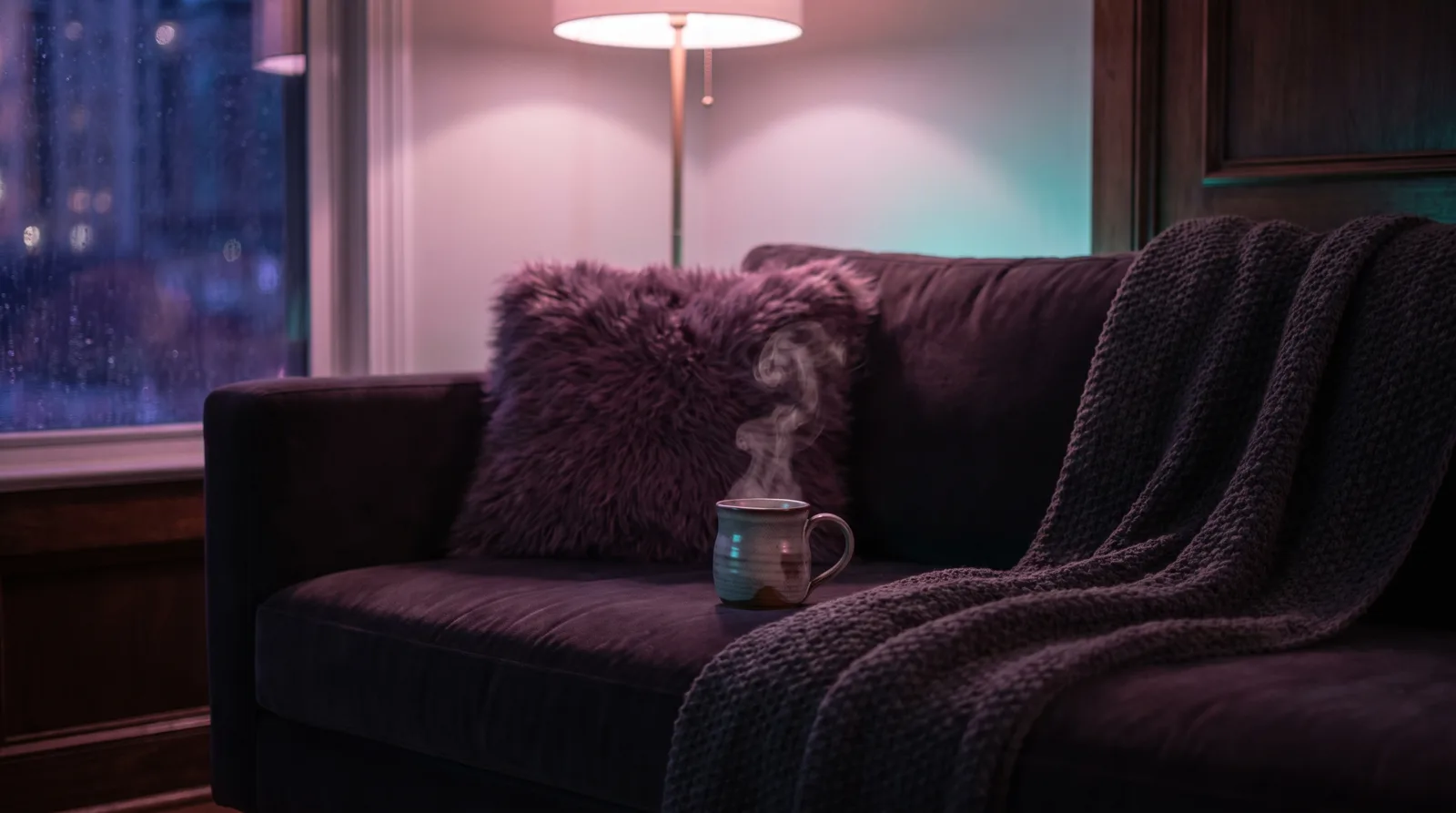 A steaming cup of coffee beside a soft pillow in dim lavender evening light against a deep aubergine background.