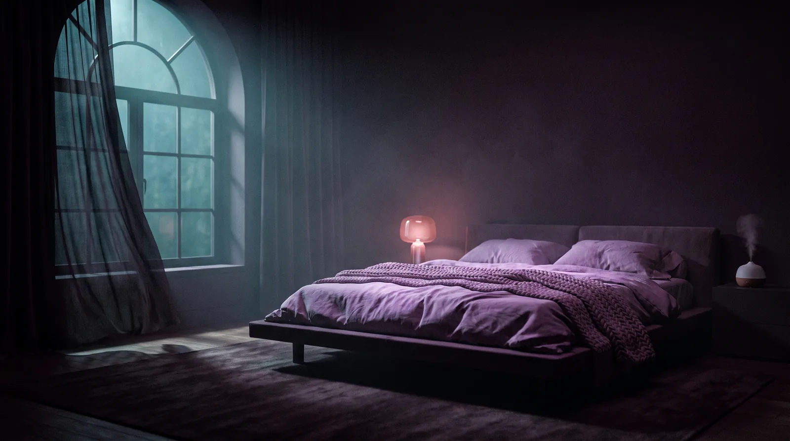 A neatly made bed in a dim aubergine bedroom at night, cool aqua moonlight falling through a tall window and a soft rose glow from a bedside lamp.