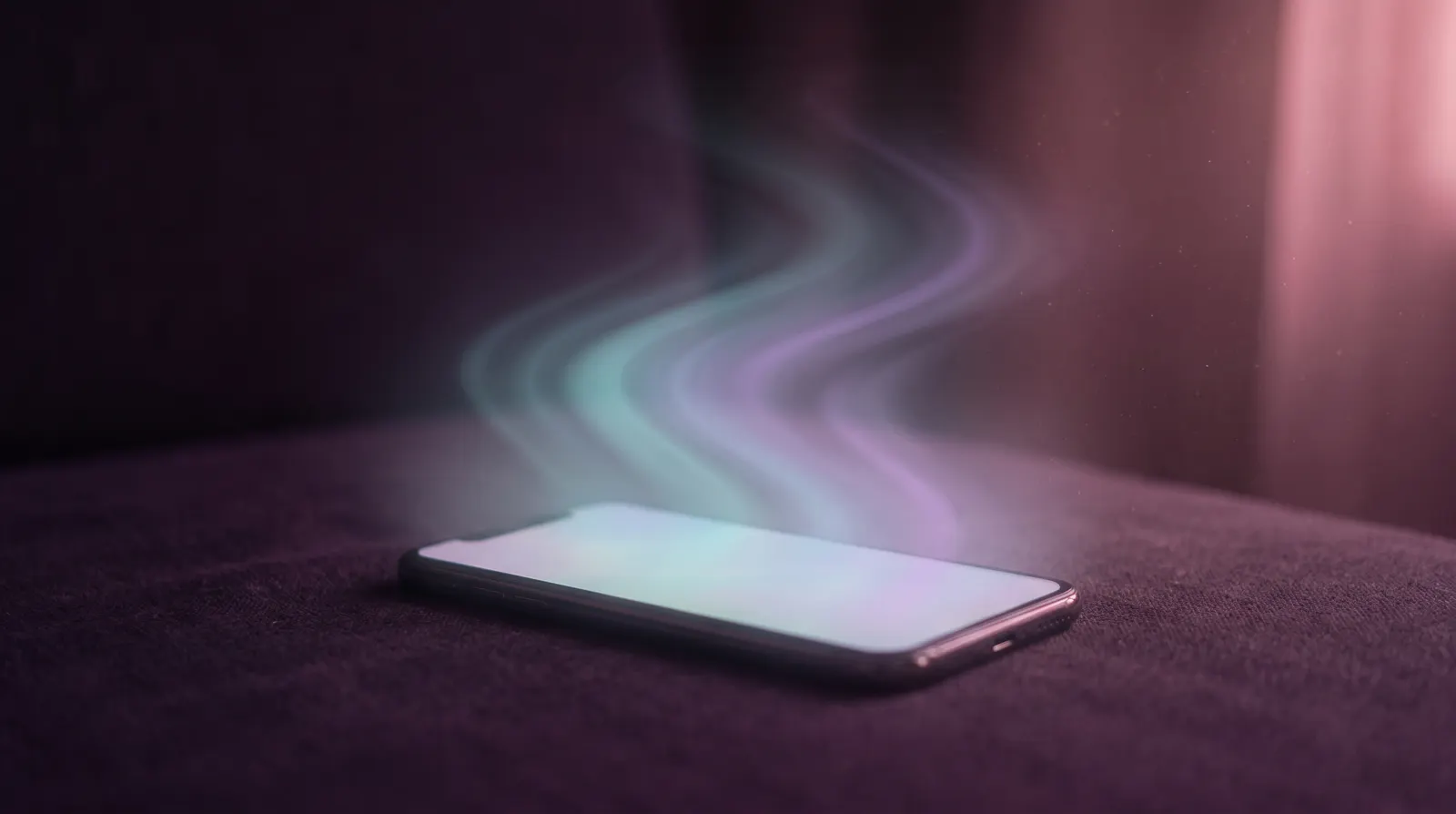 A phone glowing faintly in a dark room, its light dissolving into calm aqua ripples.
