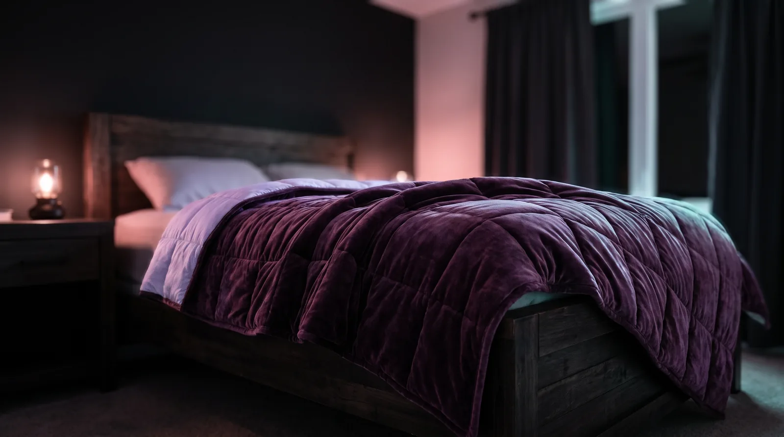 A heavy quilted blanket in deep aubergine draped over a bed, its folds catching soft lavender and aqua light in a dark bedroom.