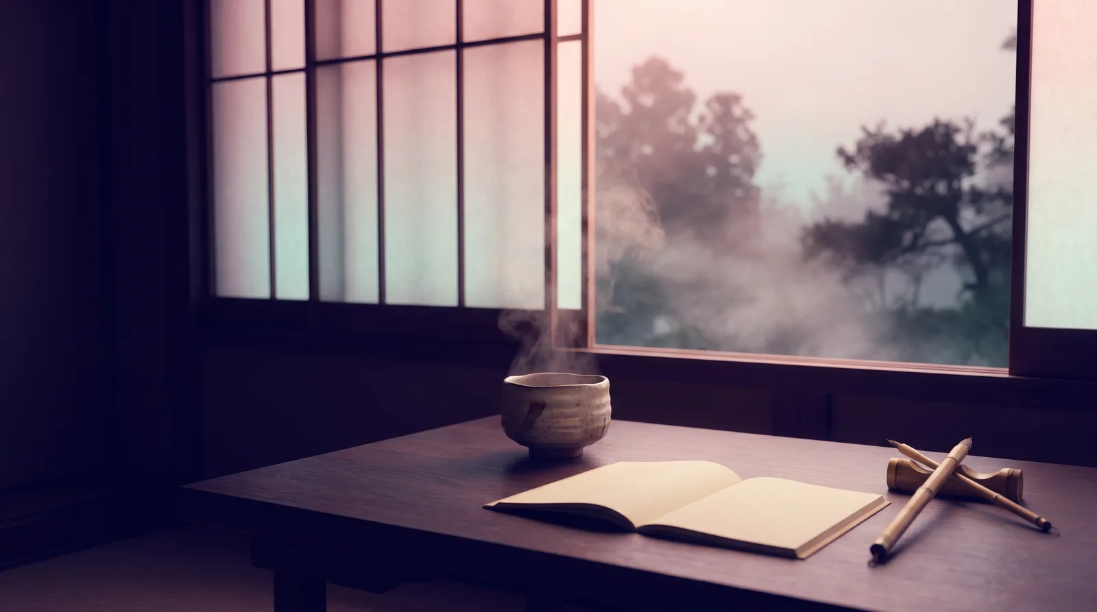 A low wooden table by a shoji window at dawn with a steaming tea bowl and open notebook, deep aubergine shadows with lavender and rose light.