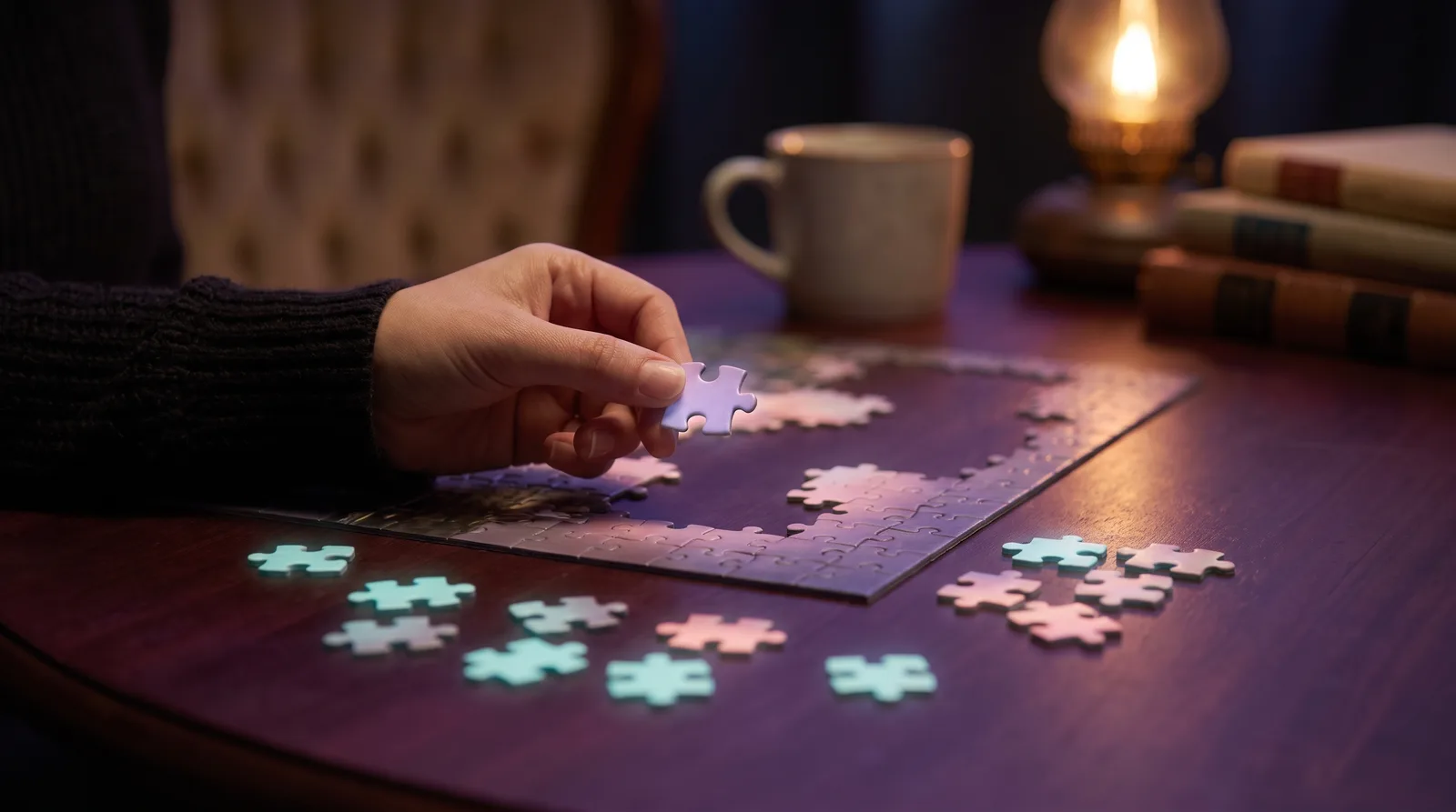 A hand placing a glowing jigsaw piece into a partly assembled puzzle on a dark table.