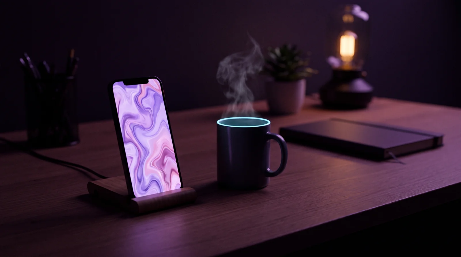 A desk in a dim office at night, a phone glowing with slow lavender and rose light beside a cooling cup of coffee.