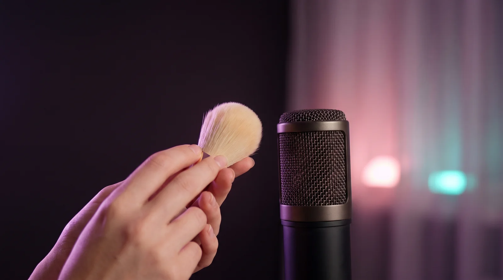 Hands holding a soft brush toward the viewer beside a microphone, lit in lavender against deep aubergine darkness.