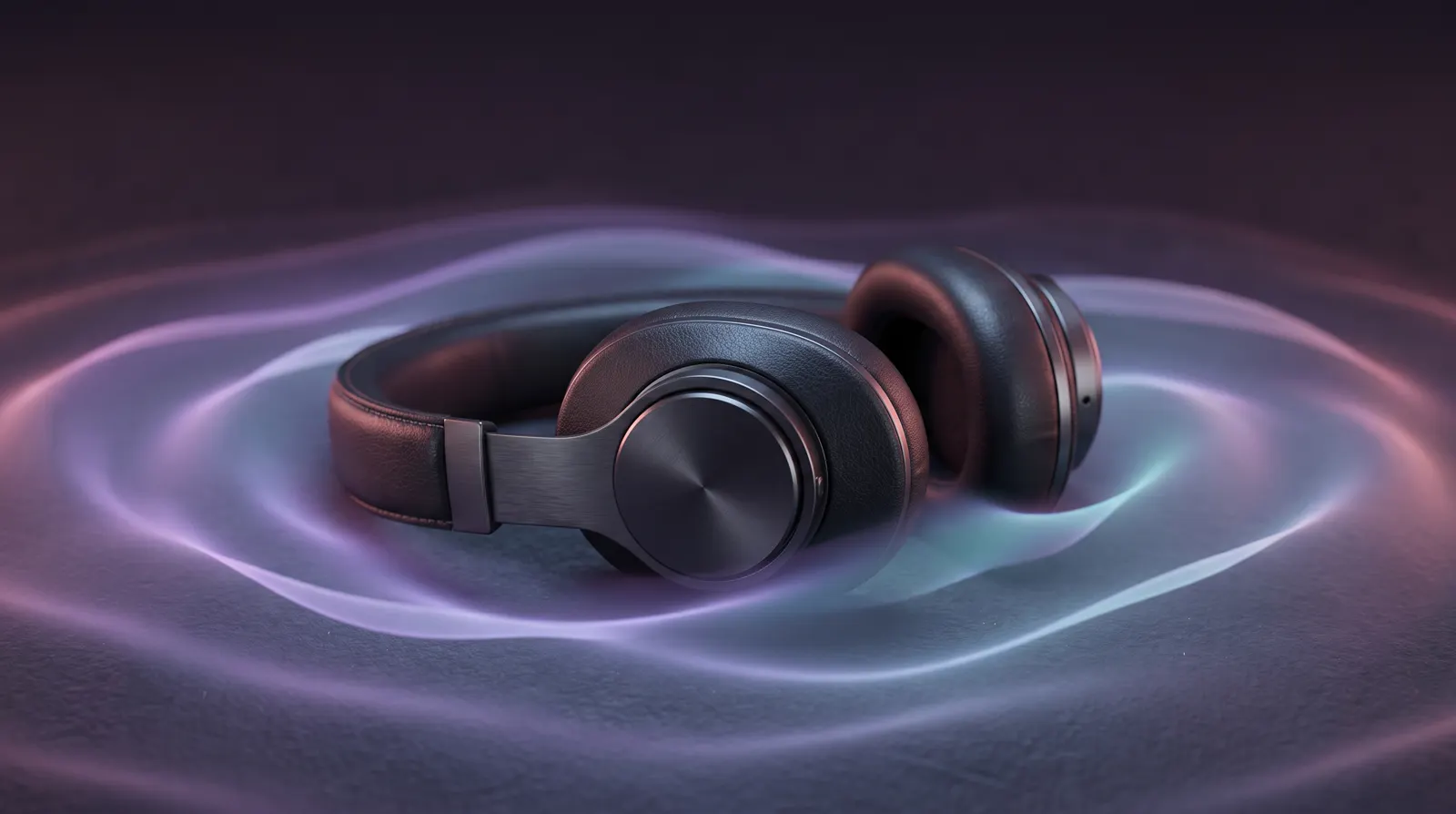 Headphones resting on a dark surface with soft ripples of lavender and aqua light.