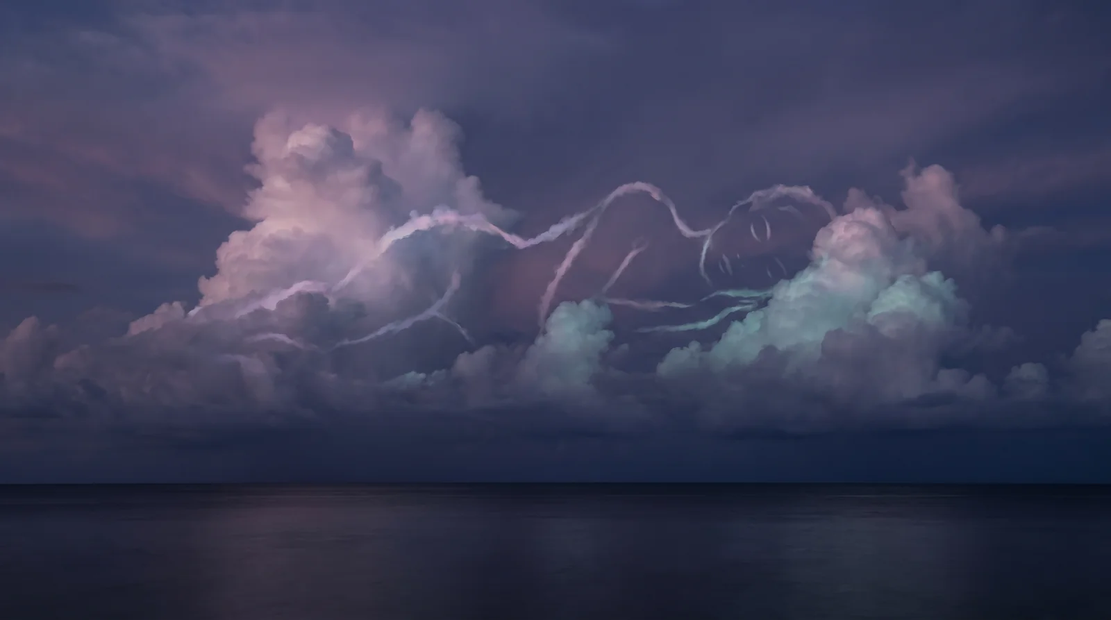 Towering twilight clouds over a still sea suggesting the soft outline of a serene face, deep aubergine sky lit with lavender, rose and aqua glow.